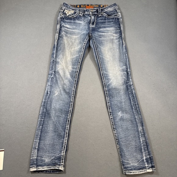 Rock Revival Jean Women 25 CELINDA Straight  Distressed THICK STITCH RHINESTONE - Picture 4 of 10